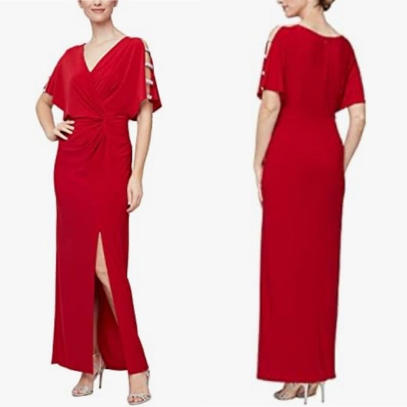 Alex Evenings Women's Red Long Knot Front Dress with Embellished Short Sleeve 18 - Picture 1 of 11